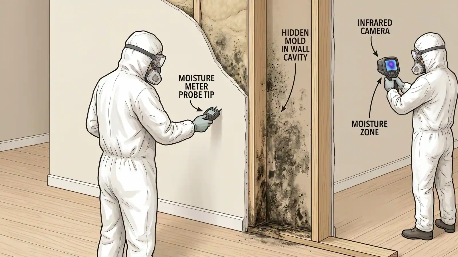 Illustration showing two mold remediation technicians inspecting a wall cavity, one using a moisture meter on the drywall surface and the other using an infrared camera, with hidden mold growth visible inside the exposed wall