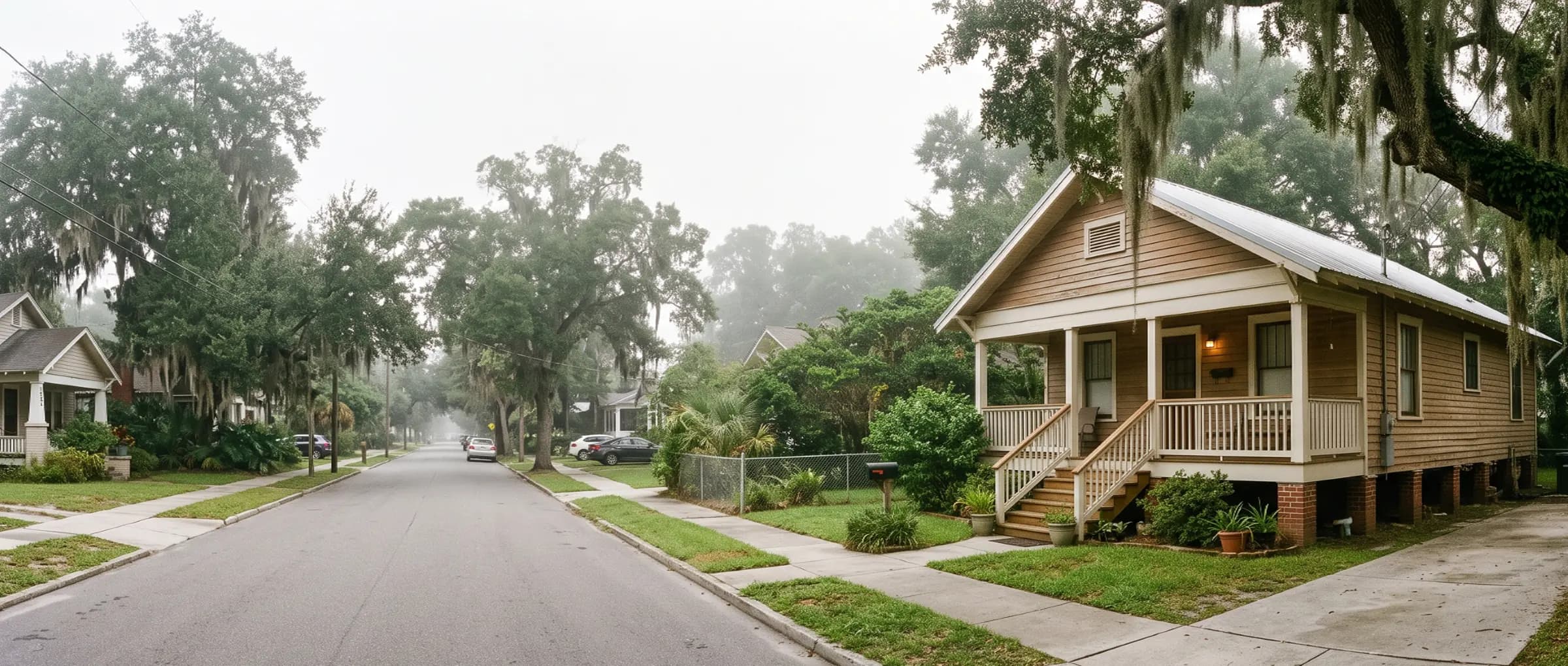 Elevated blue bungalow-style home with a wraparound porch on a Jacksonville street lined with oak trees draped in Spanish moss