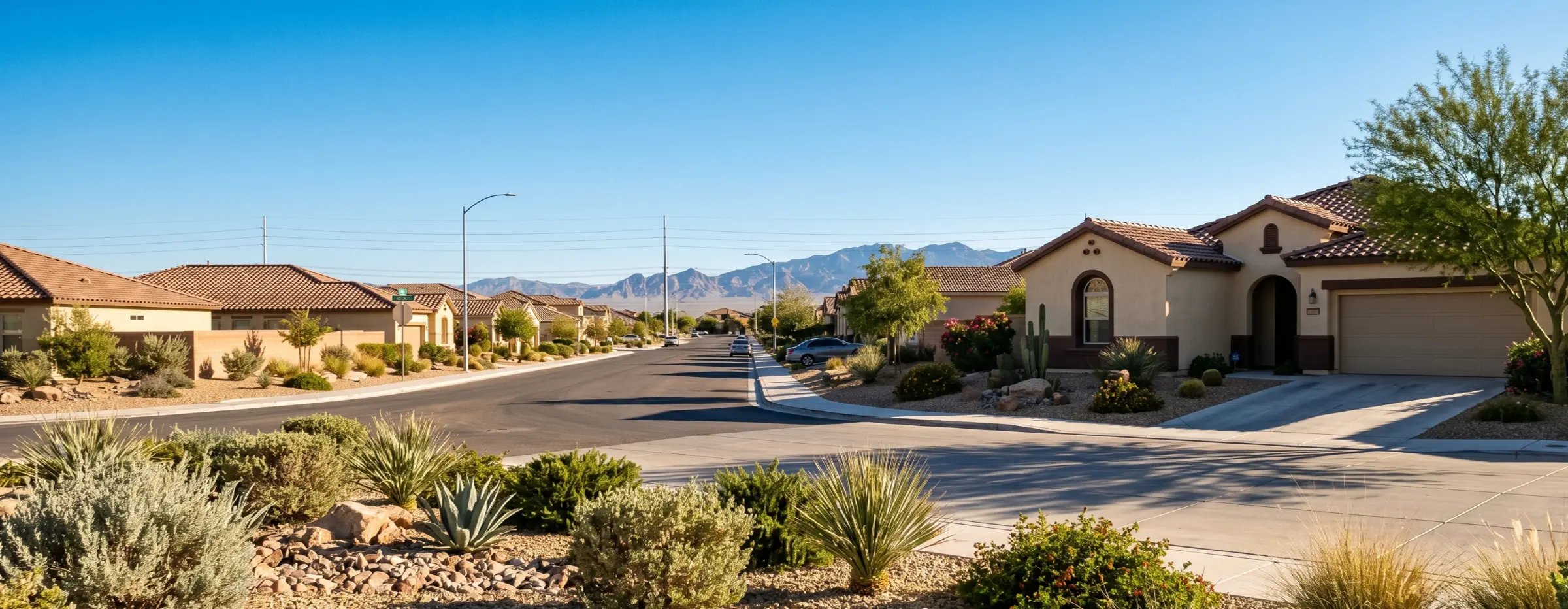 Las Vegas suburban street with stucco homes, tile roofs, desert landscaping, and mountains in the background