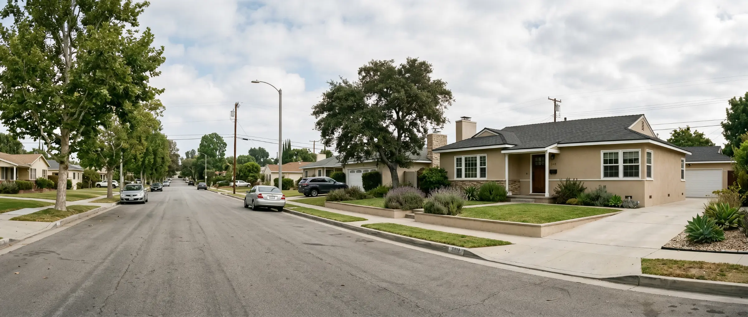 Wide-angle view of a 1950s stucco ranch home on a quiet Los Angeles residential street with sycamore street trees under a partly cloudy sky, street receding to the left