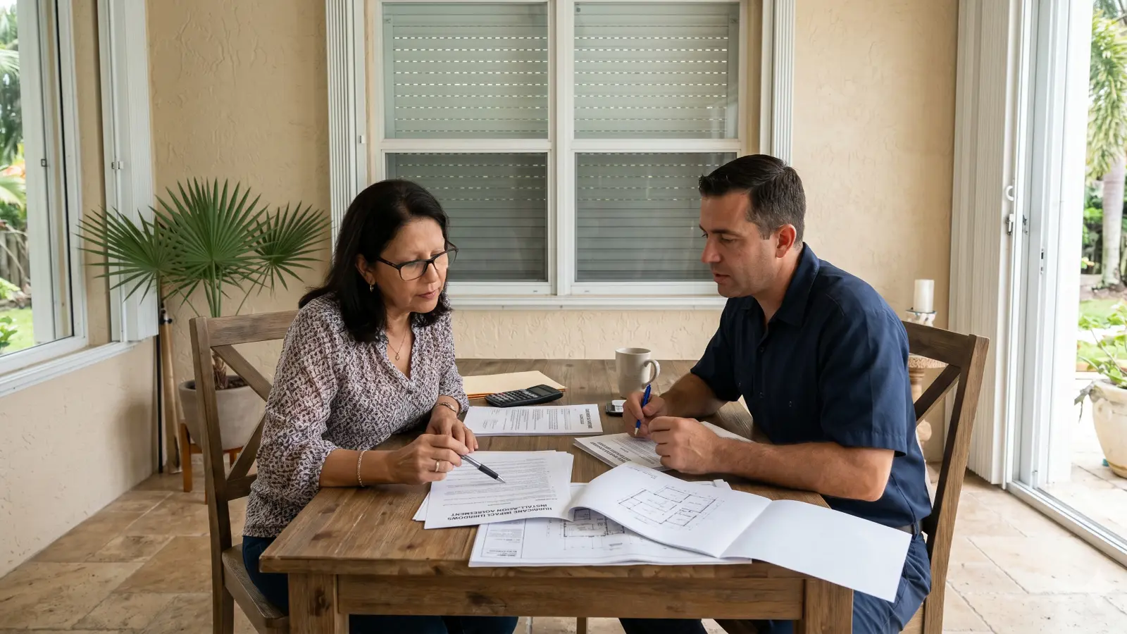 Miami homeowner and contractor reviewing remediation documents at a table inside a stucco home with sliding glass doors and tropical vegetation visible outside