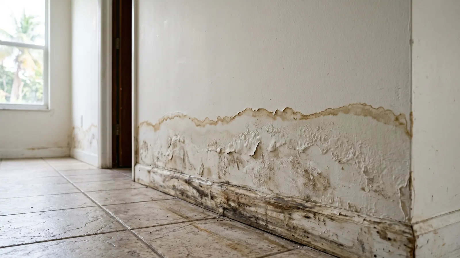Waterline stain, bubbling paint, and blackened baseboard on the lower interior wall of a Miami home with palm trees visible through the window