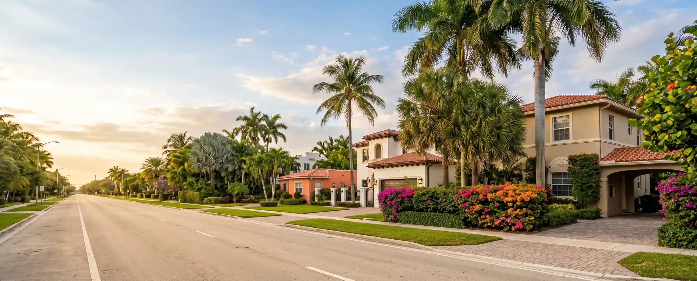 Miami residential street with stucco homes, tile roofs, palm trees, and bougainvillea at golden hour