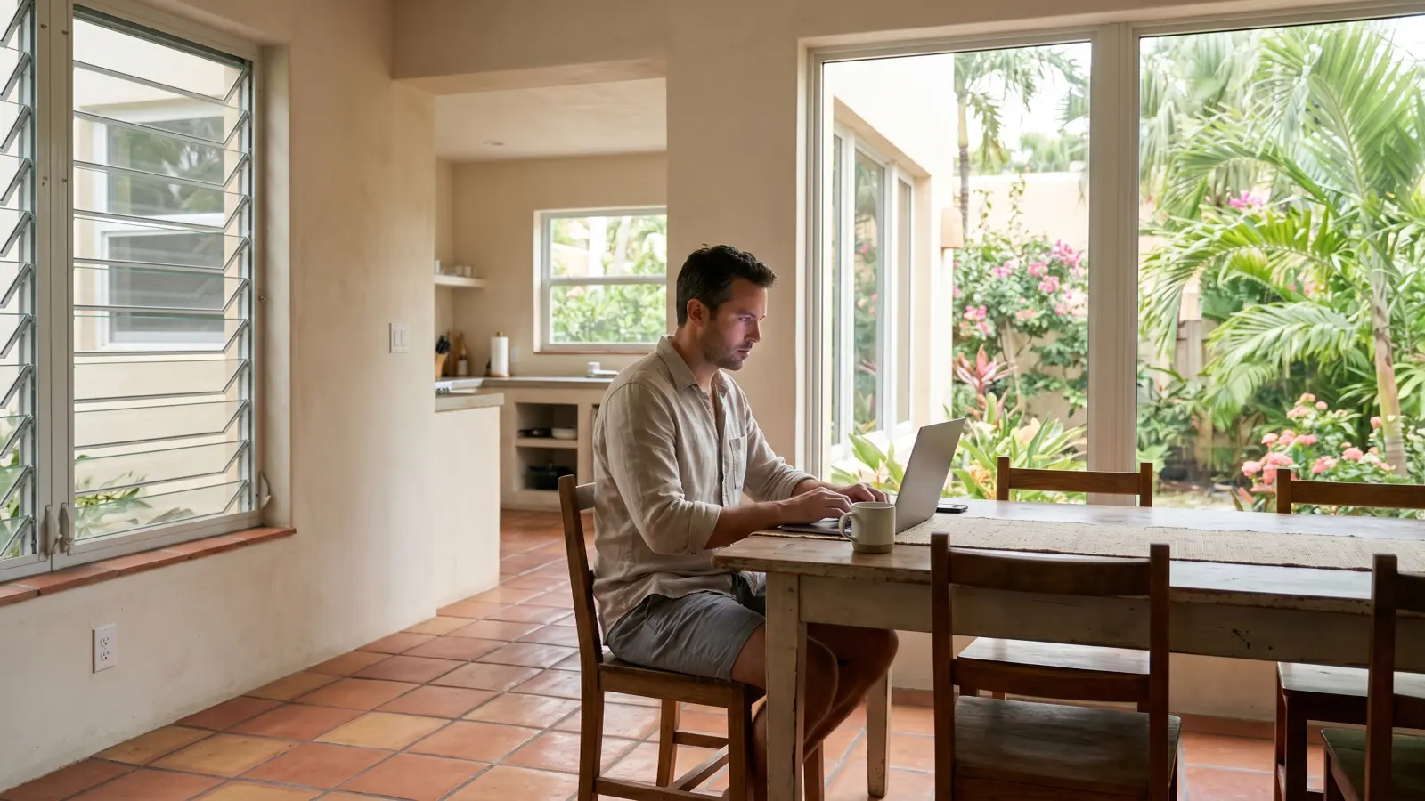 Homeowner at a dining table with a laptop inside a Miami home featuring jalousie windows, terra cotta tile floors, and tropical vegetation visible through sliding glass doors