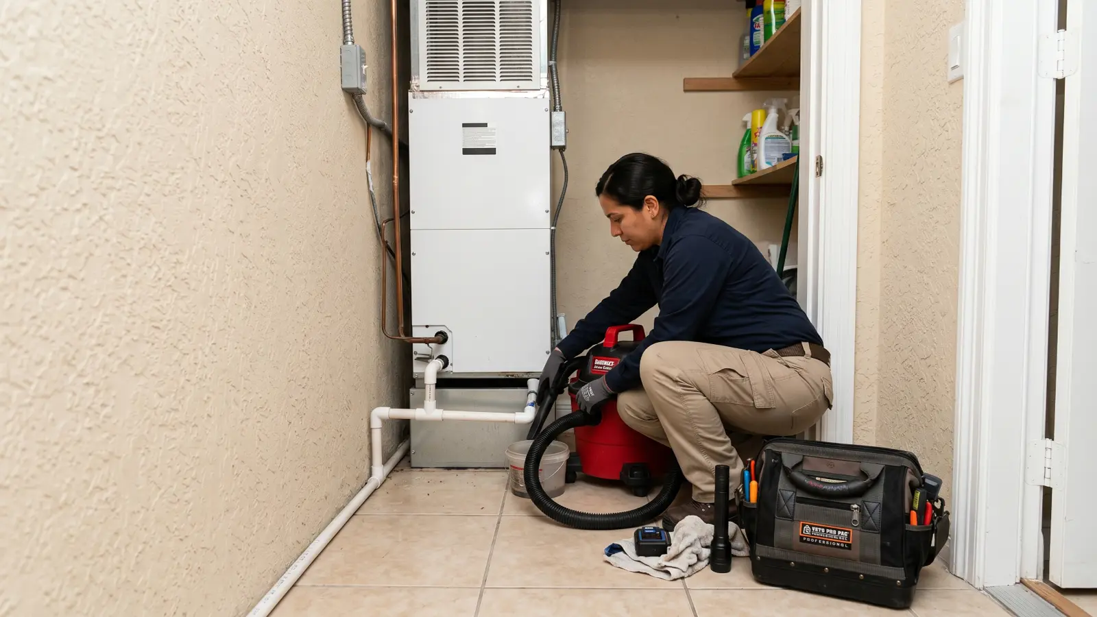 HVAC technician flushing the condensate drain line on a vertical air handler inside a South Florida utility closet with tile floor and PVC drain pipe visible