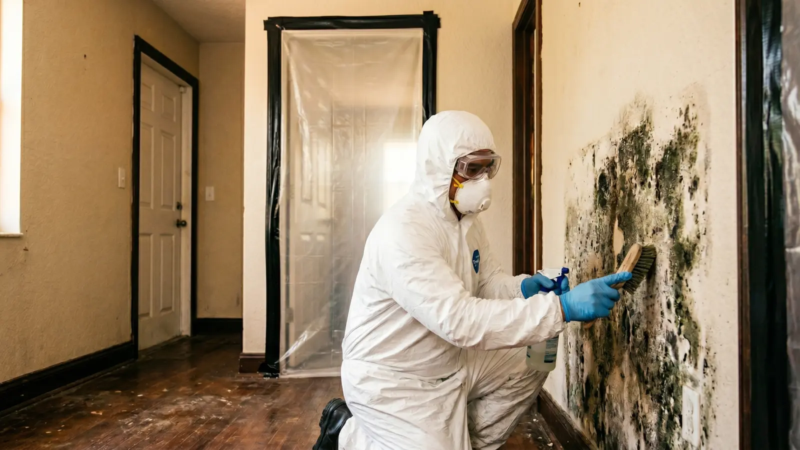 Mold remediation technician in full Tyvek suit and respirator scrubbing black mold from a wall with plastic containment sheeting in the background