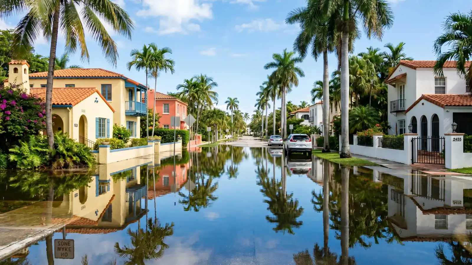Miami residential street flooded under a clear blue sky with stucco homes, tile roofs, and palm trees reflected in standing water