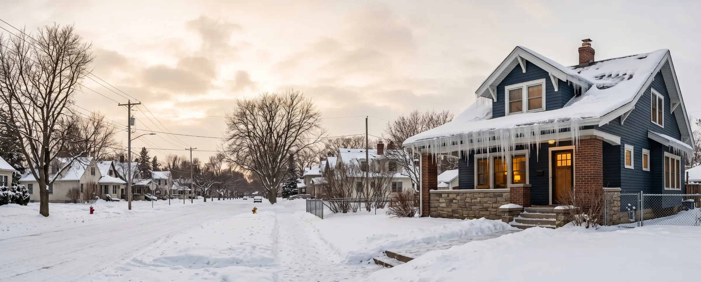 Heavy icicles hanging from the snow-covered eaves of a blue craftsman-style home on a residential Minneapolis street at winter dusk
