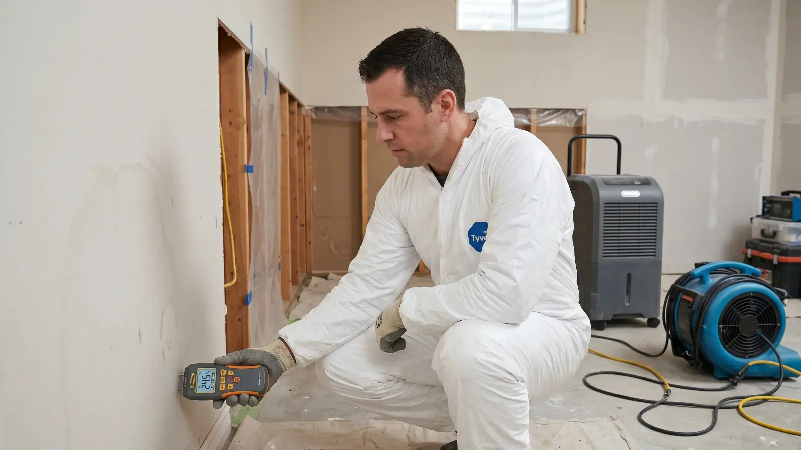 Mold remediation technician checking wall moisture levels with a handheld moisture meter after remediation