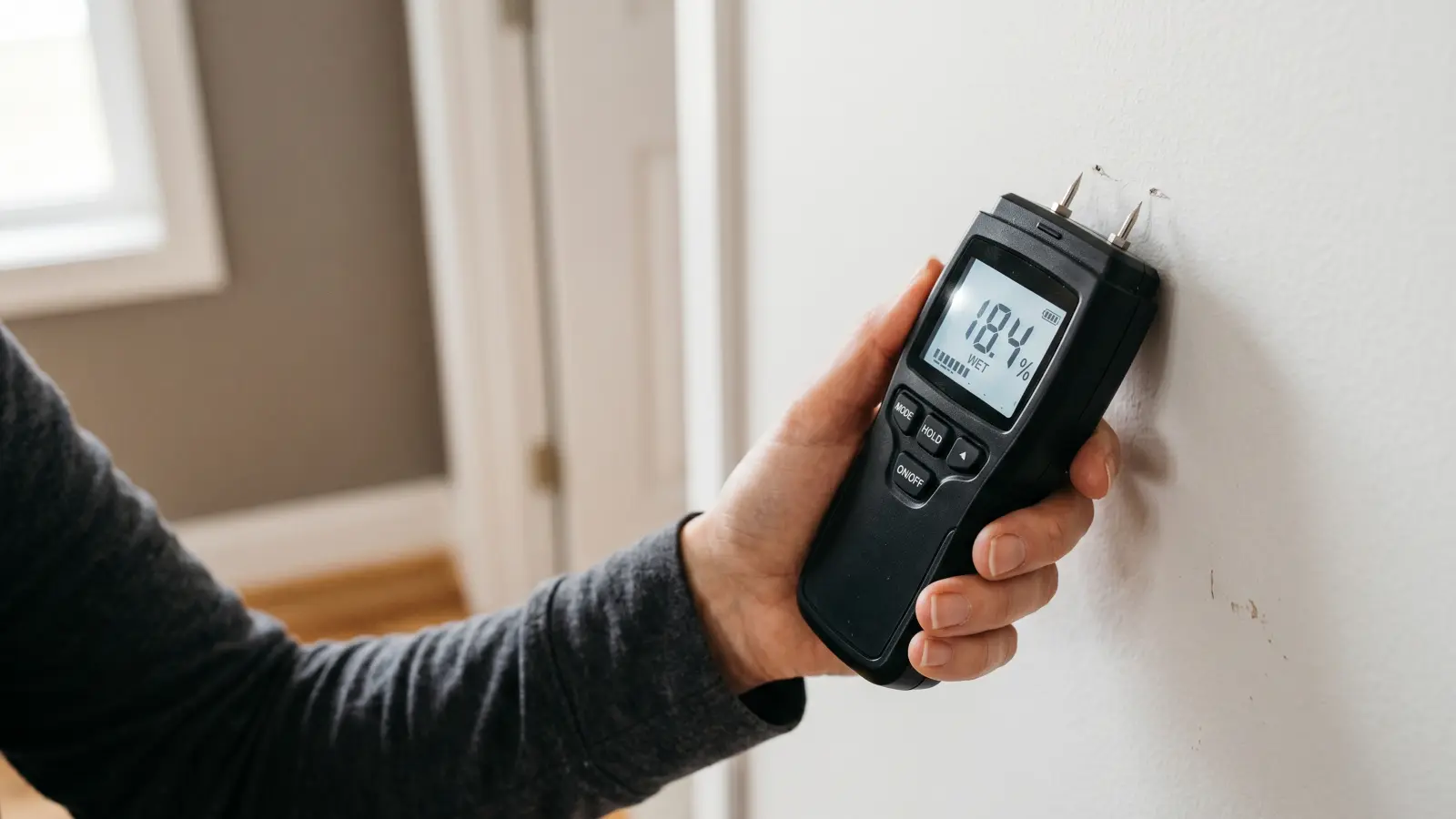 Moisture meter being used to check drywall for hidden moisture before mold remediation