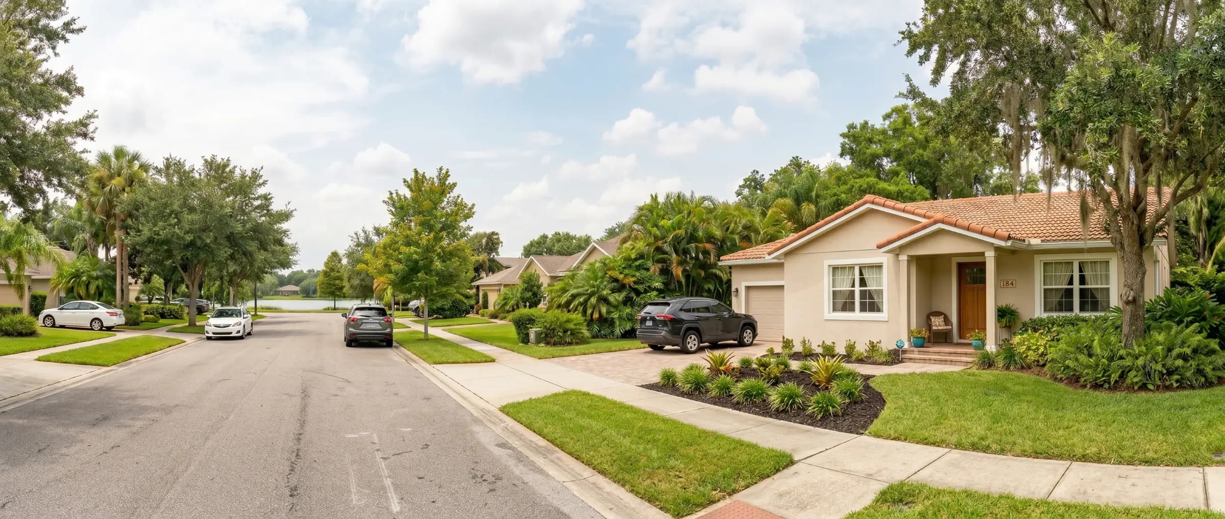Single-story bungalow-style home with terracotta tile roof and front porch on a tree-lined Orlando street, with a lake visible at the end of the road