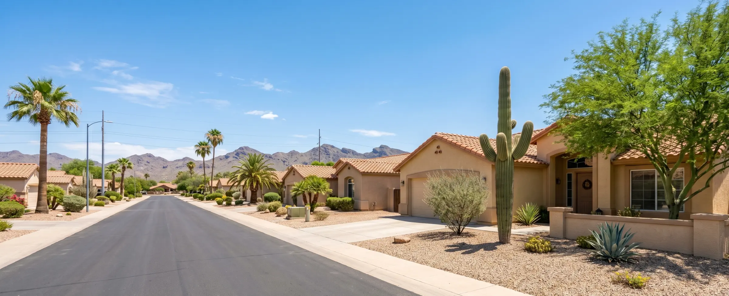 Phoenix suburban neighborhood street with stucco homes, terra cotta tile roofs, saguaro cactus, desert landscaping, and mountain views