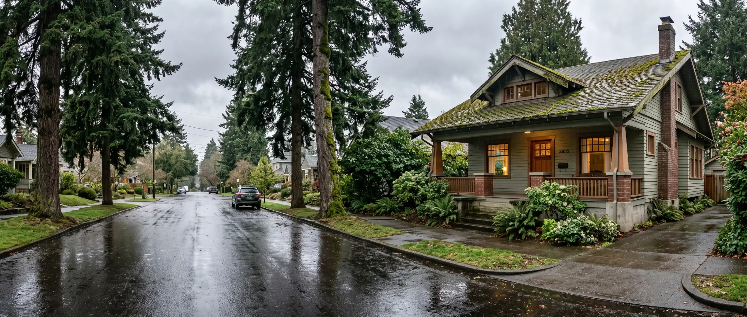 Moss-covered Craftsman bungalow on a wet Portland street showing the older housing stock and damp climate that drive the city's mold risk