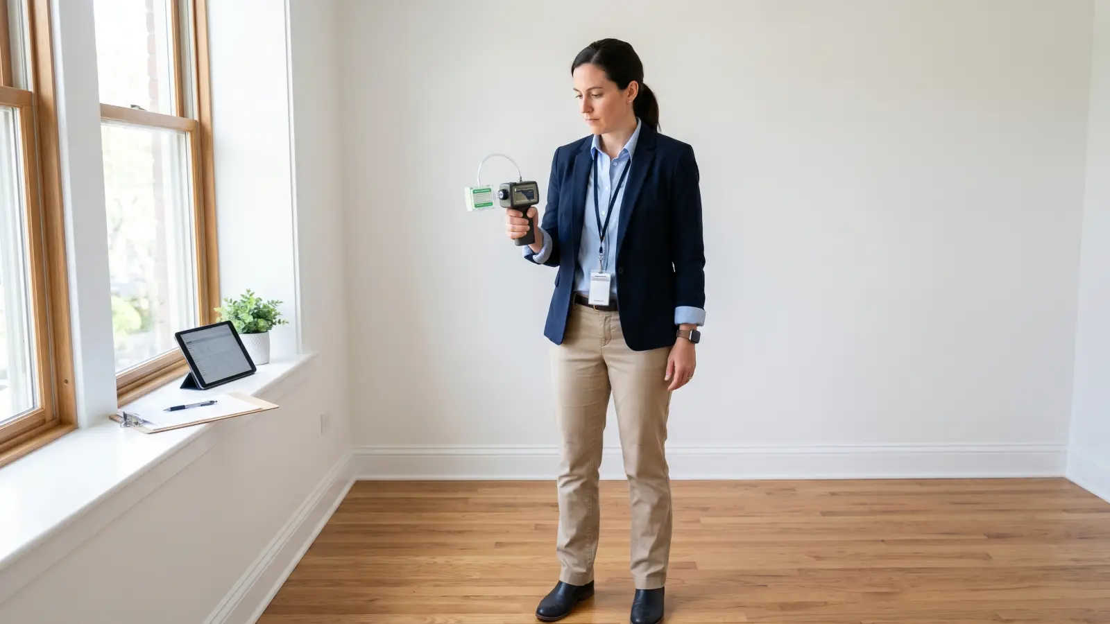 Indoor environmental professional in business casual clothing holding an air sampling pump to collect air quality samples inside a clean fully restored room after mold remediation