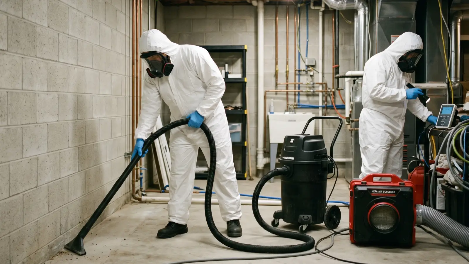 Two mold remediation technicians in full Tyvek suits and respirators working in a residential basement with a HEPA vacuum and air scrubber