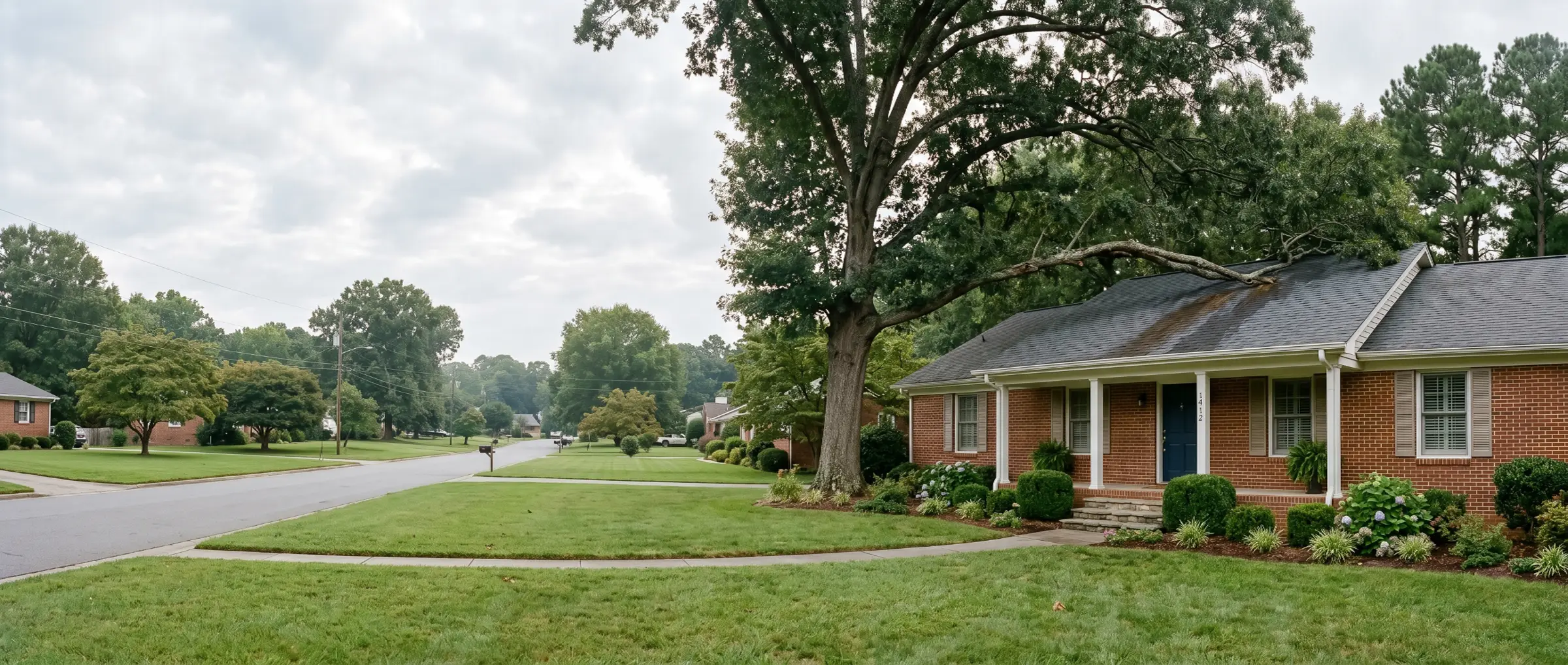 Brick ranch home under a mature oak canopy on a Raleigh residential street, with a fallen limb resting against the roofline