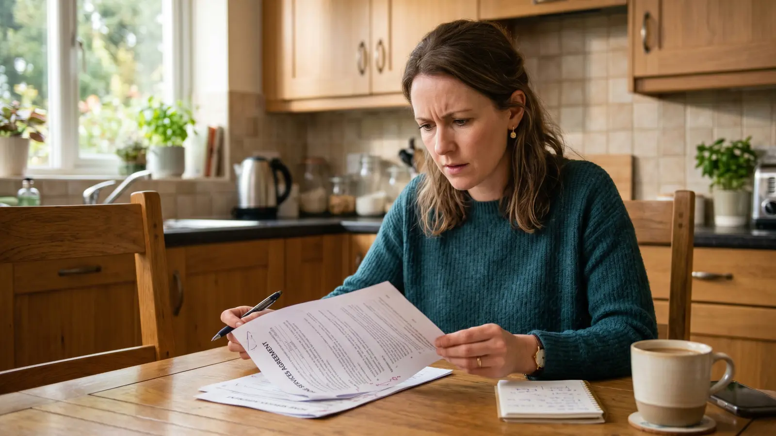 Homeowner carefully reviewing a mold remediation contract before signing