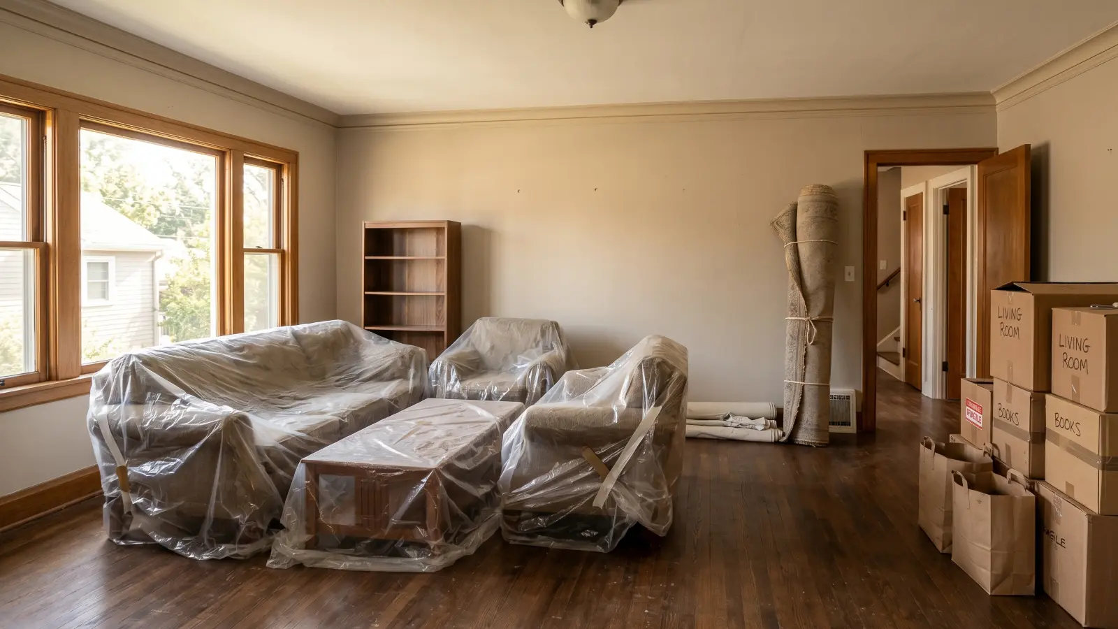 Living room furniture wrapped in plastic sheeting with rolled rug and moving boxes stacked against the wall before mold remediation
