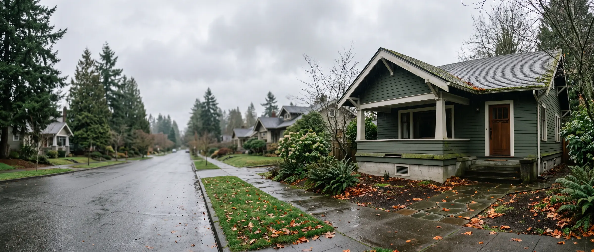 Craftsman bungalow with a foundation crawl space vent on a wet residential street in Seattle