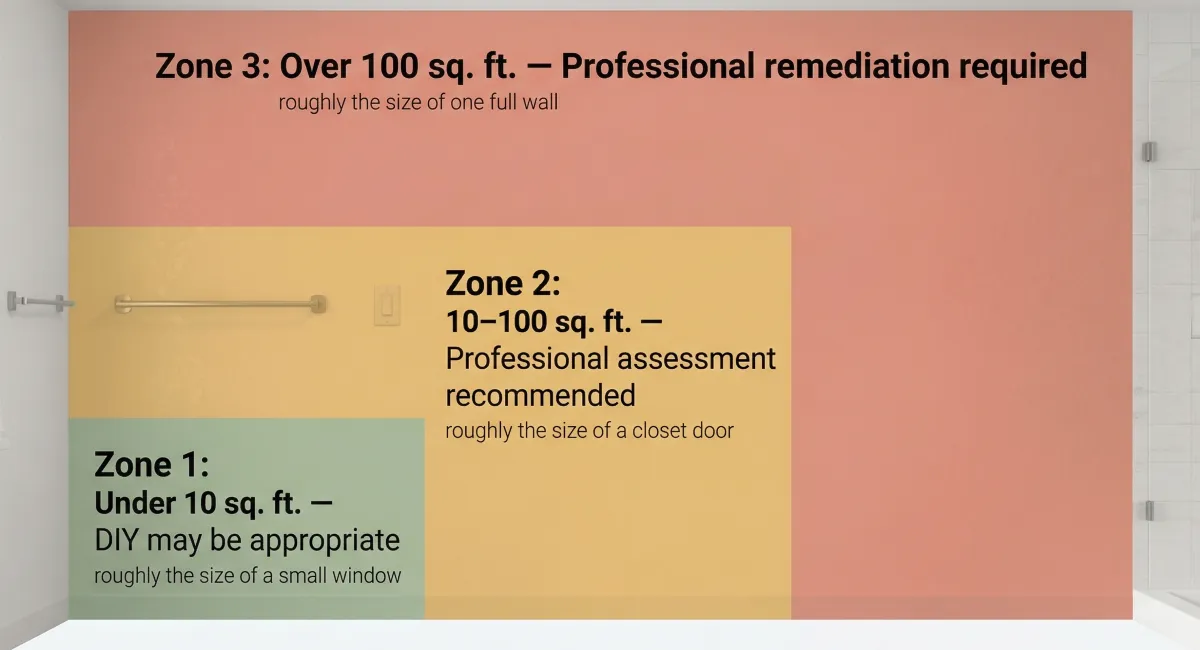 Diagram showing three mold remediation size thresholds on a bathroom wall: Zone 1 under 10 square feet where DIY may be appropriate, Zone 2 between 10 and 100 square feet where professional assessment is recommended, and Zone 3 over 100 square feet where professional remediation is required