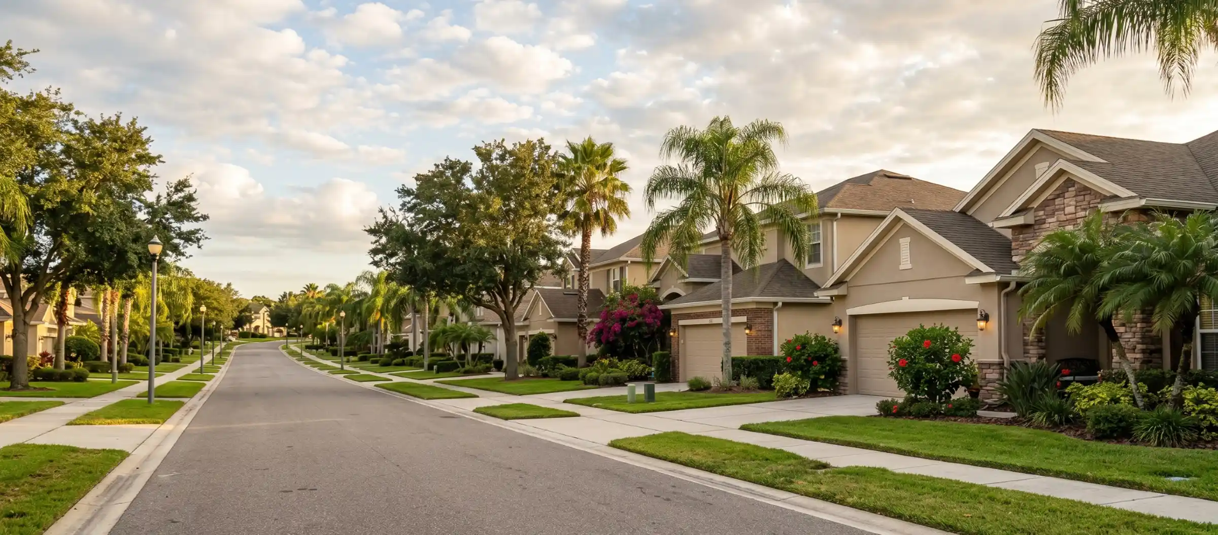 Tampa suburban street with stucco homes, stone entry accents, two-car garages, queen palms, and bougainvillea under a partly cloudy Florida sky