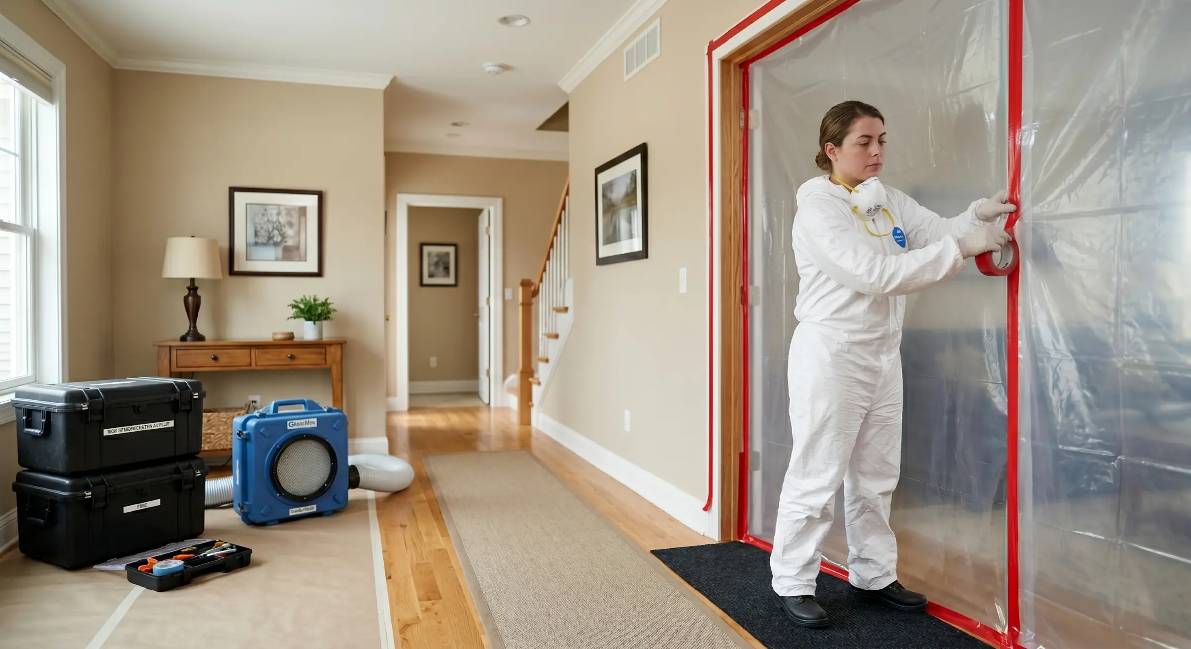 Mold remediation crew setting up plastic containment sheeting in a home