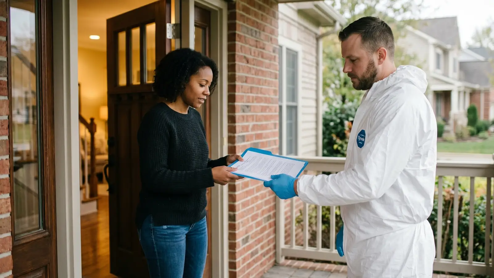Mold remediation technician in Tyvek suit reviewing paperwork with a homeowner at the front door of a residential home