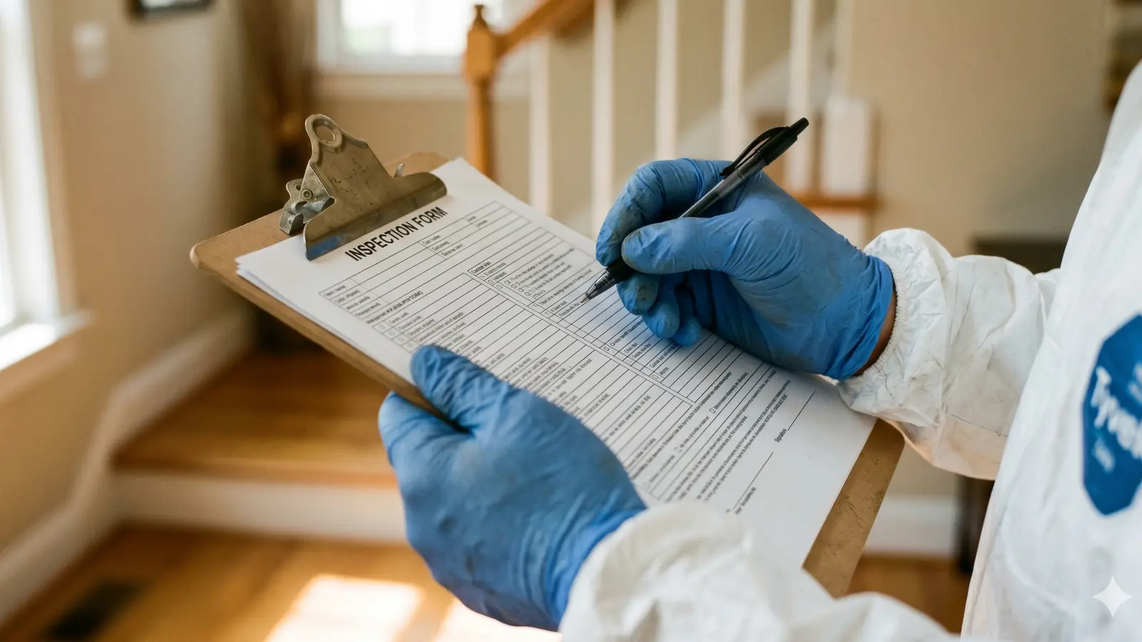 Mold remediation technician in blue nitrile gloves and Tyvek suit completing an inspection form on a clipboard inside a residential home