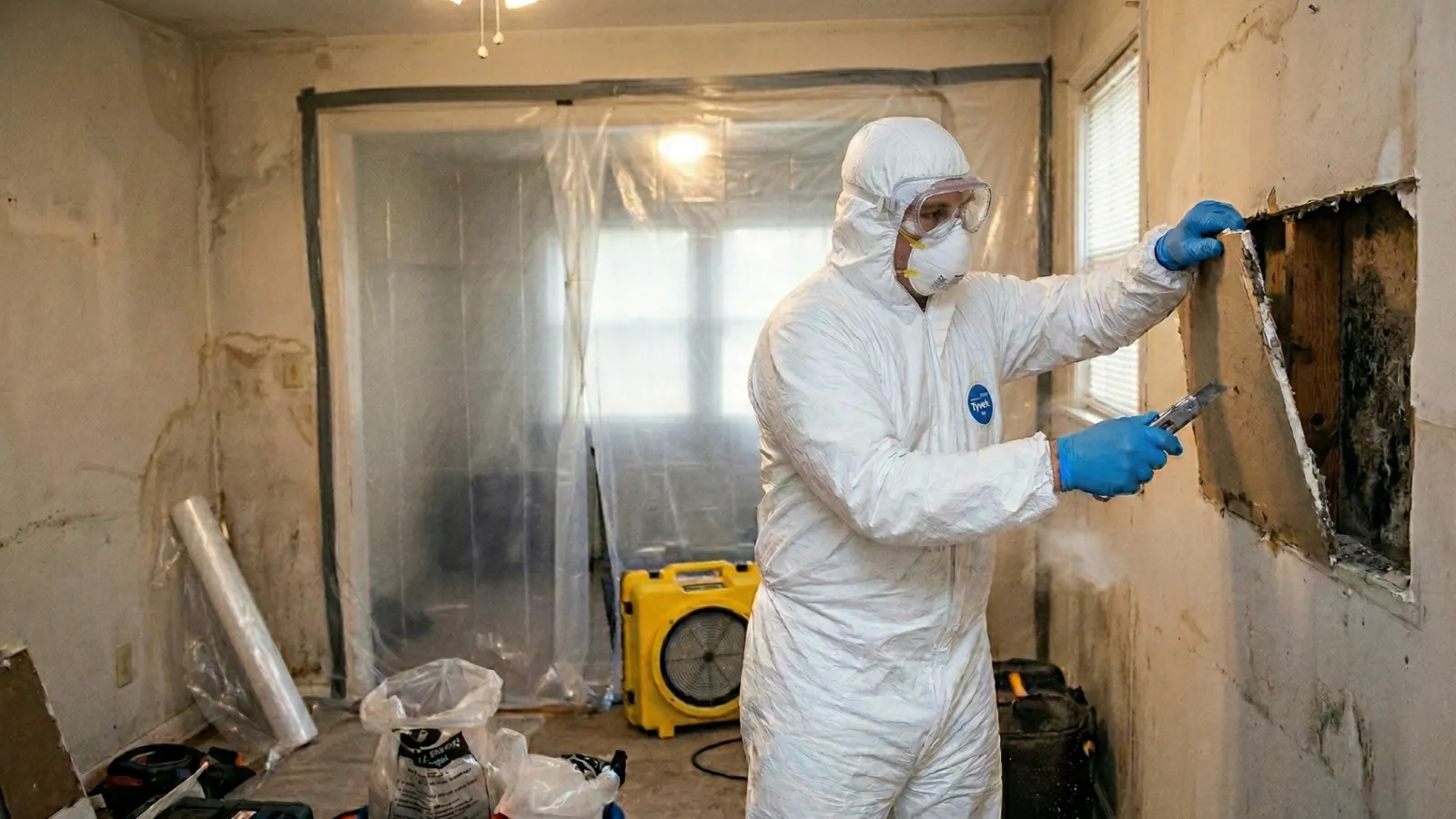 Mold remediation technician in protective suit and respirator removing mold-damaged drywall in a contained room
