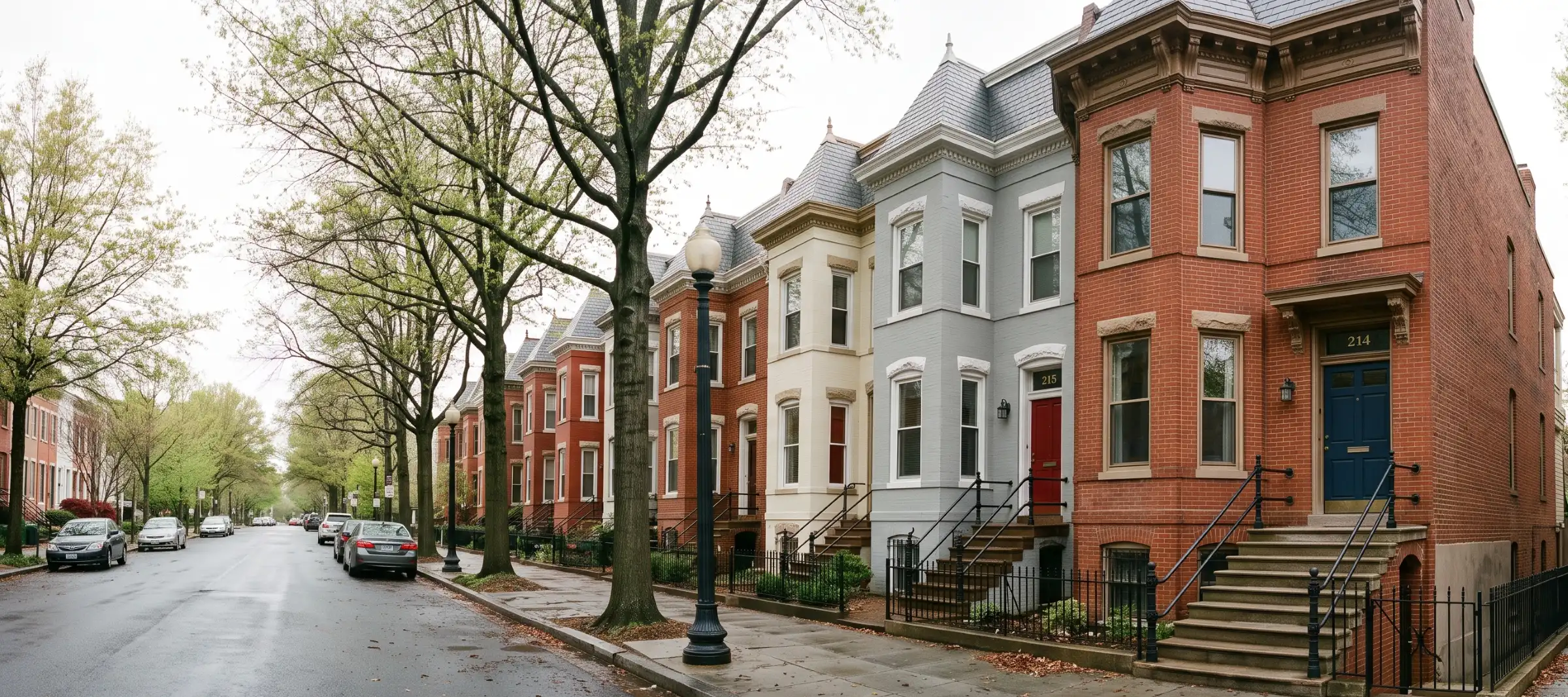 Victorian rowhouse on a Washington DC residential street with English basement entrance