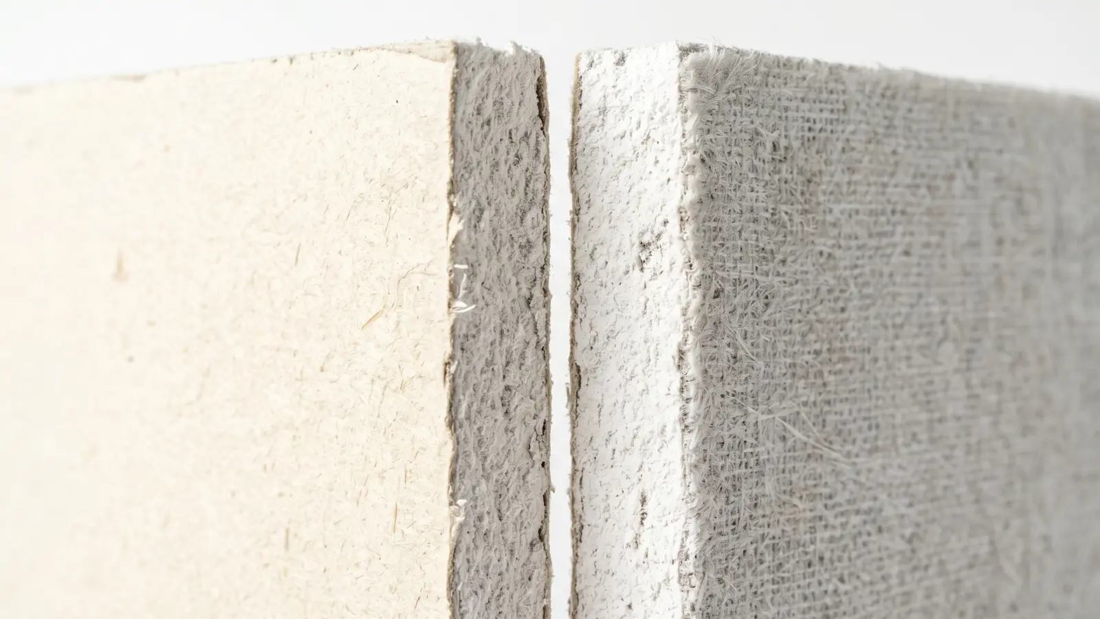 Side-by-side cut edge comparison of standard paper-faced drywall and fiberglass-mat mold-resistant drywall panels
