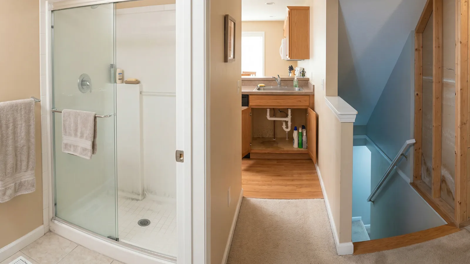 Common areas in a home where mold develops including bathroom grout, under sink plumbing, and inside wall framing