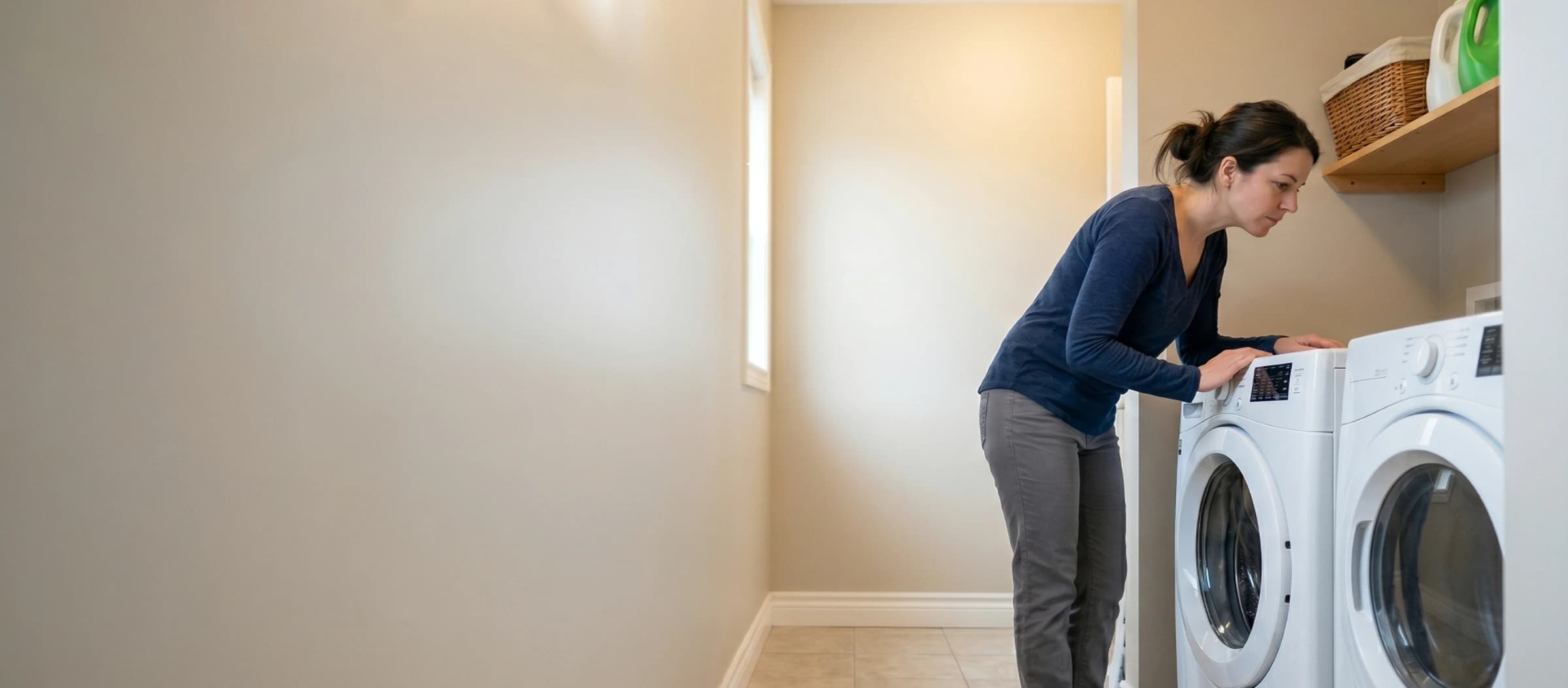 Homeowner leaning over a front-load washing machine, checking for the source of a musty smell