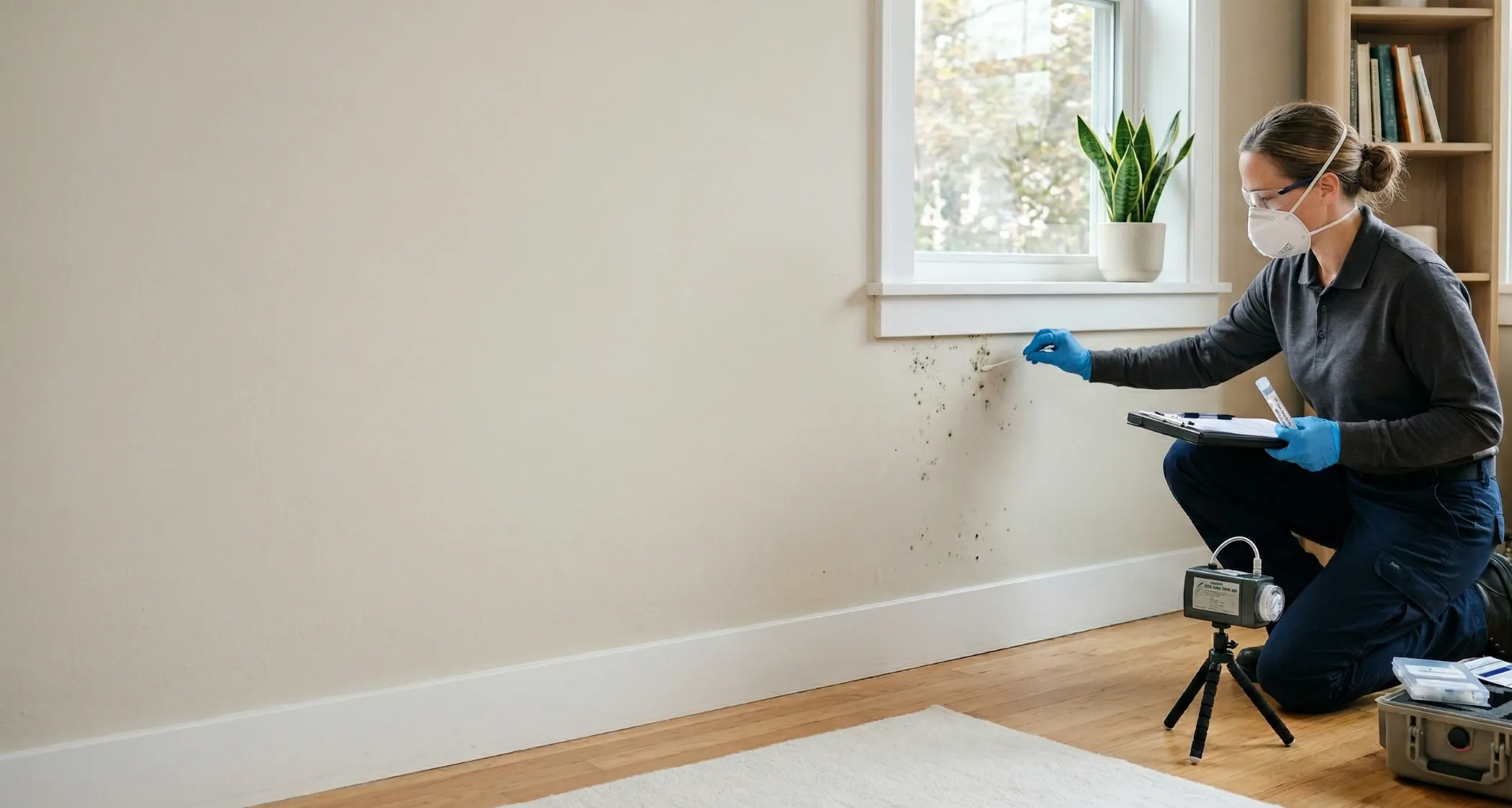 professional mold testing using swab sample on wall with visible mold near window