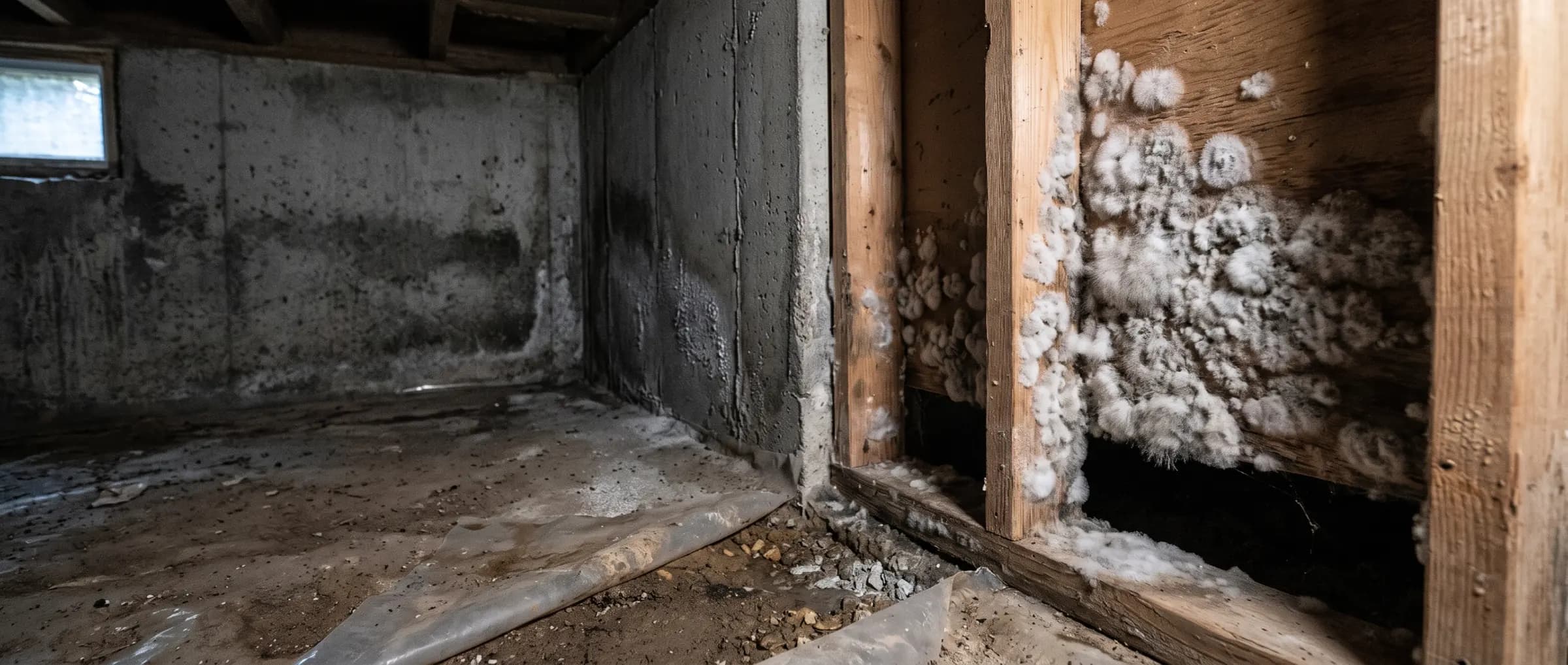 White fluffy mucor mold colonies growing on wood framing in a crawl space