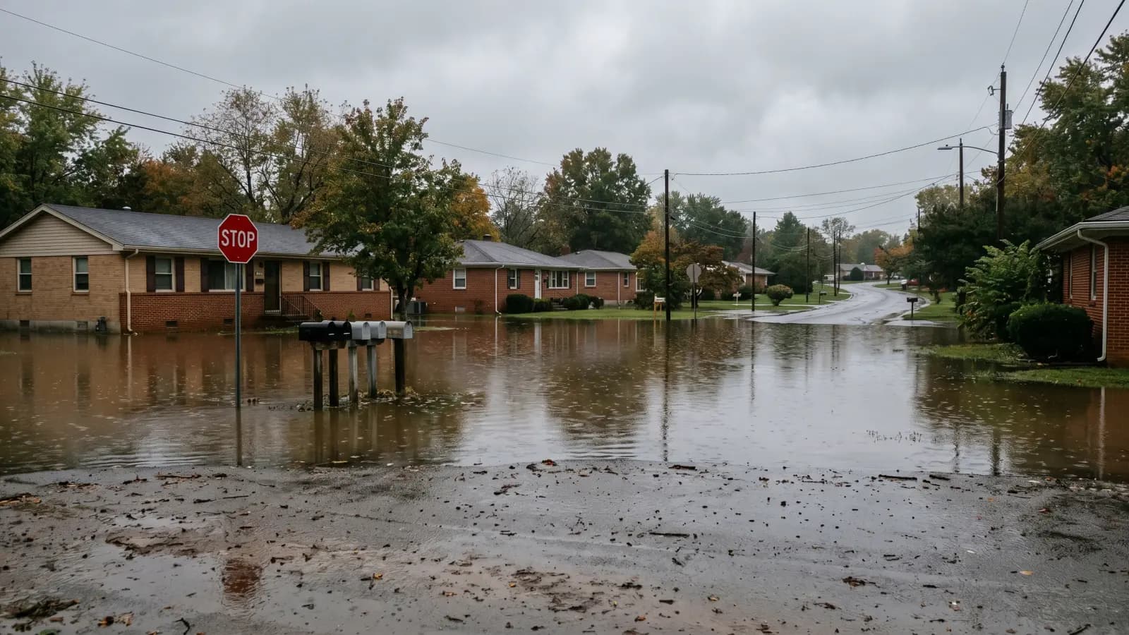 Flooded residential intersection in a Nashville brick ranch neighborhood with brown murky water reaching home foundations, representative of the May 2010 Cumberland River flood that submerged approximately 9,300 Davidson County properties