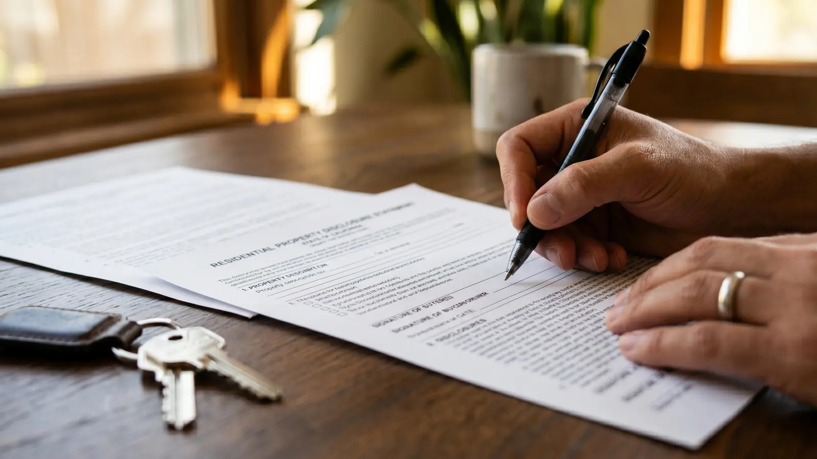 Homeowner signing a Residential Property Disclosure form with house keys on the table, required under Tennessee Code Annotated Section 66-5-202 before the sale of any residential property with known material defects including mold