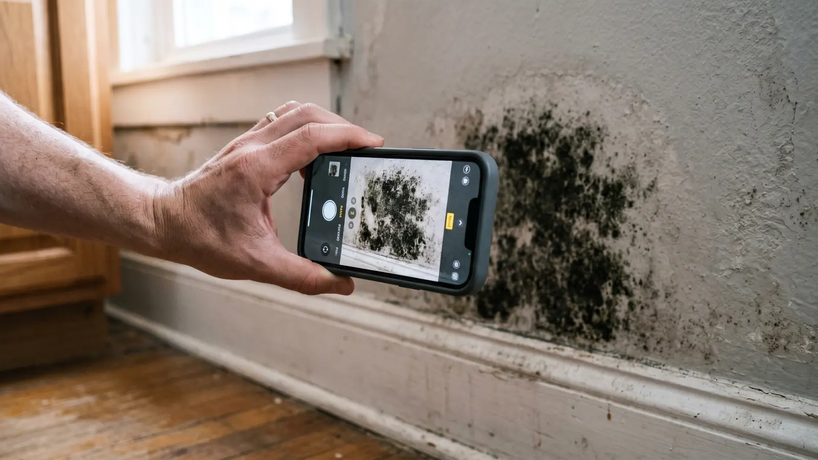 Homeowner photographing extensive mold growth on a lower interior wall with a smartphone, documenting the damage before contacting a licensed Tennessee S-Mold contractor
