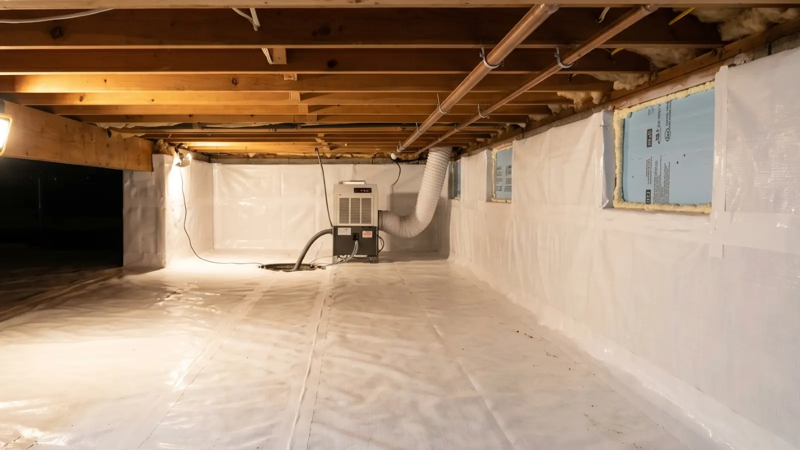 Fully encapsulated crawl space showing white reinforced vapor barrier on floor and walls, sealed foundation vents, and a mechanical dehumidifier with drain hose, the complete system recommended for Nashville's vented crawl space housing stock