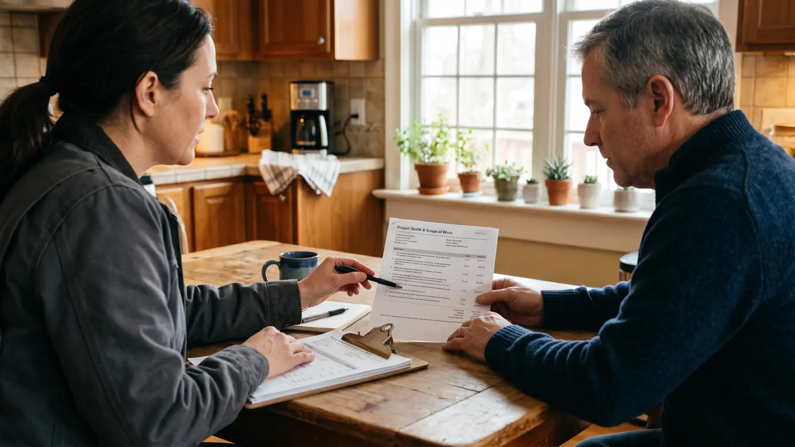 Contractor reviewing a mold remediation project quote and scope of work with a Nashville homeowner at a kitchen table, the written estimate review that should precede any remediation work