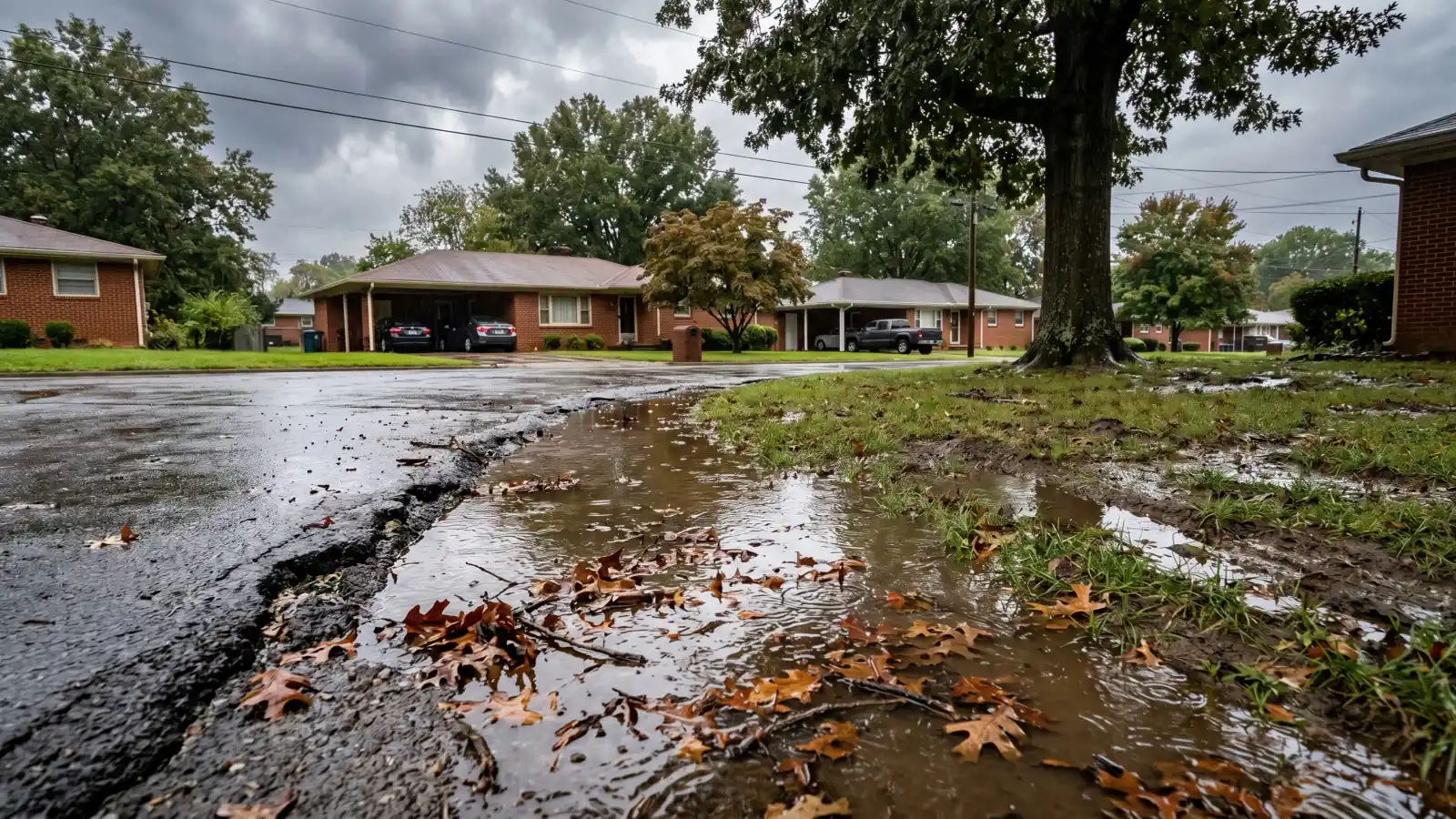 Water pooling on a lawn and street edge in a Nashville brick ranch neighborhood after heavy rain, showing the saturated clay soil conditions that drive foundation moisture and crawl space mold