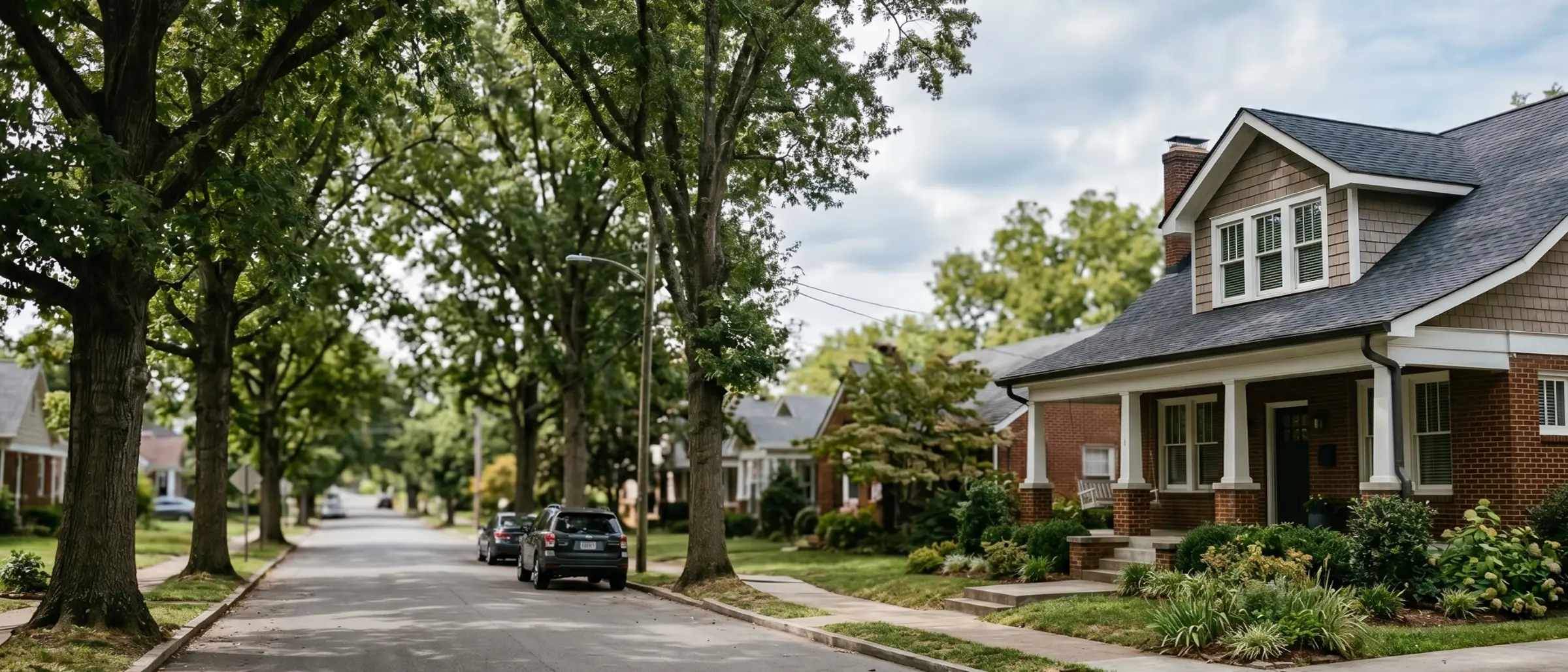 Tree-lined residential street in East Nashville showing a brick Craftsman bungalow typical of the pre-1940 housing stock where crawl space mold pressure is most common
