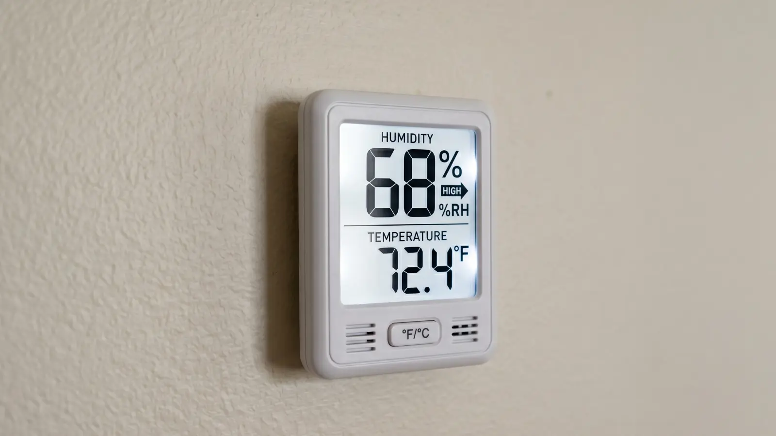 Digital hygrometer mounted on a Nashville home interior wall showing humidity above 65% RH, above the 60% threshold at which mold actively colonizes surfaces and a signal that dehumidification is needed