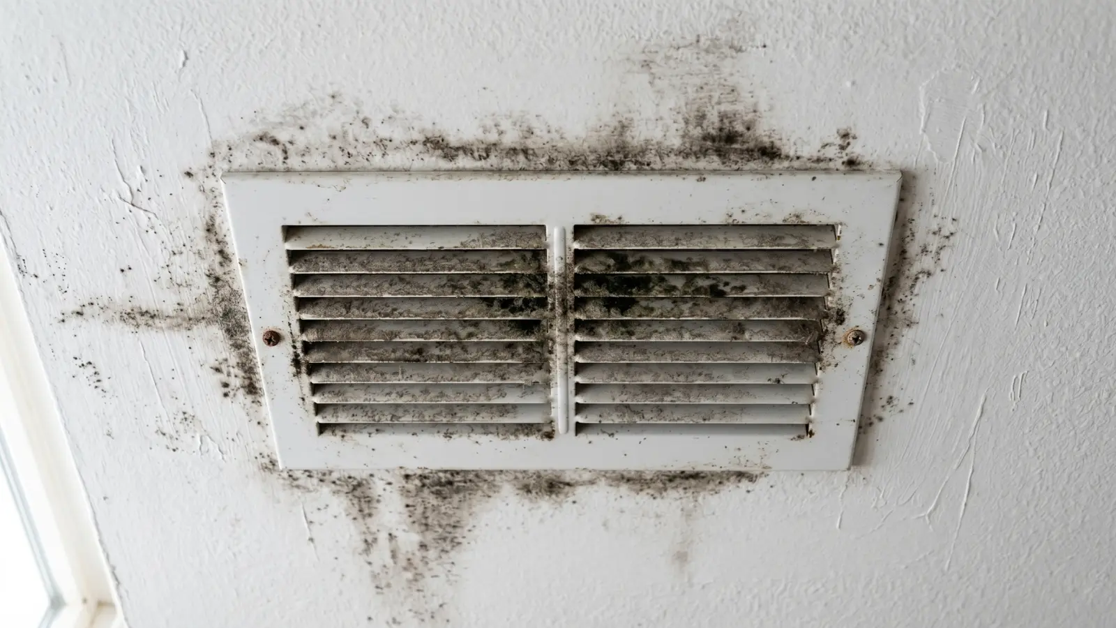 Wall HVAC register with heavy dark mold staining radiating outward onto surrounding drywall, showing the spore distribution pattern that develops in Nashville homes when crawl space air circulates through ductwork during the dormant winter season