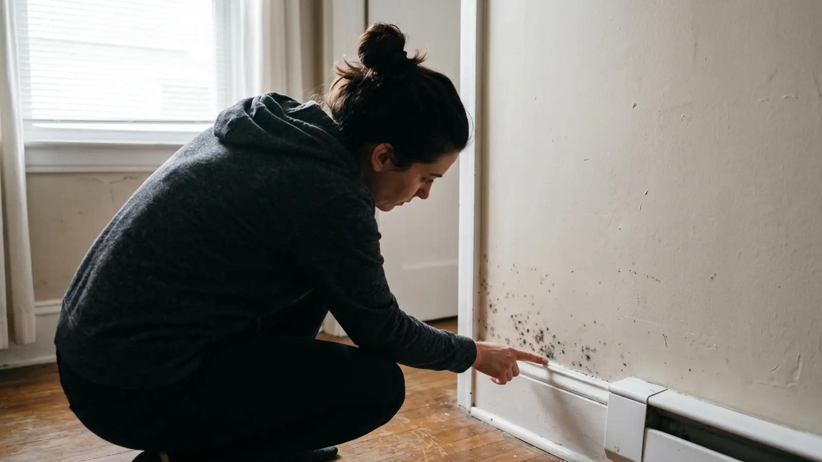 Renter pointing at mold growth along a baseboard in a Nashville rental unit, a situation covered under the Uniform Residential Landlord and Tenant Act which requires landlords in Davidson County to maintain habitable conditions