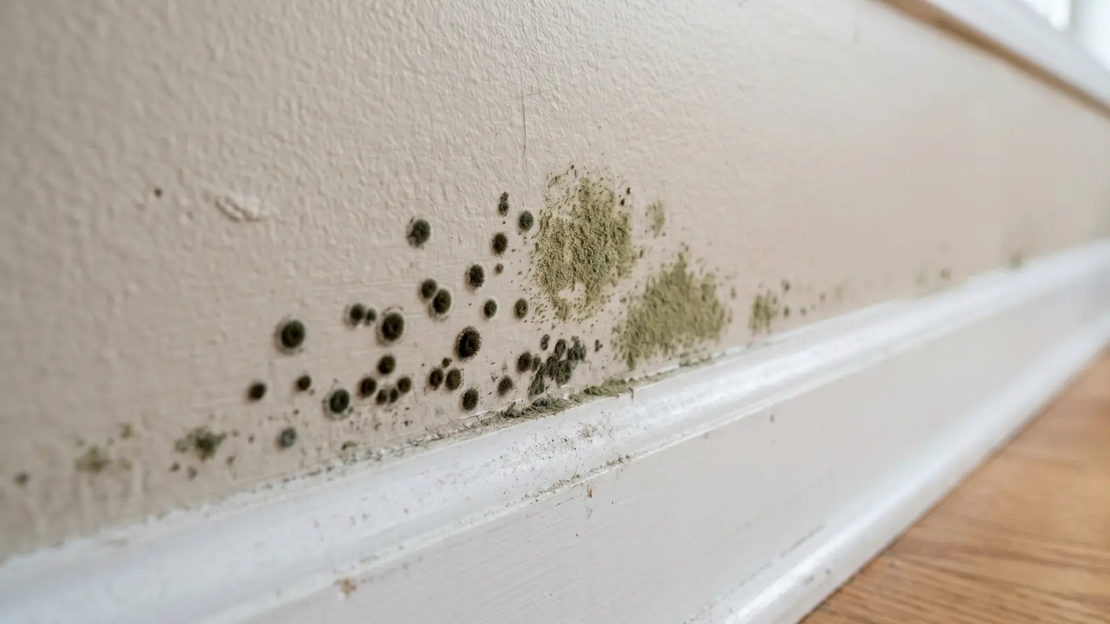Early-stage mold growth near a baseboard showing dark circular Aspergillus spots alongside an olive-green Cladosporium patch, the two most common species found in Nashville homes with crawl space humidity problems