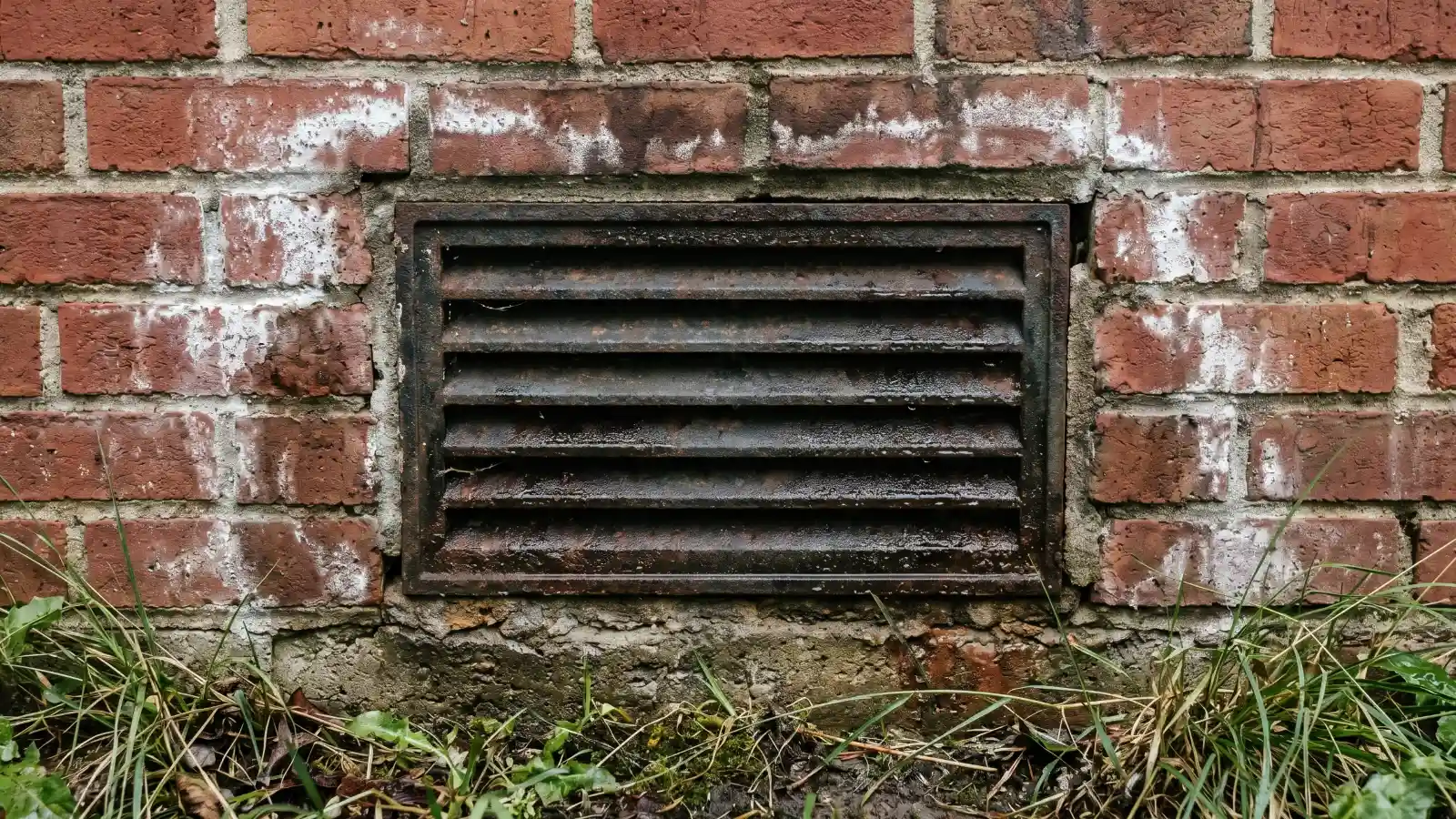 Cast-iron foundation vent on a Nashville brick ranch home showing efflorescence and moisture staining on surrounding brick, the entry point for humid outdoor air into unencapsulated crawl spaces