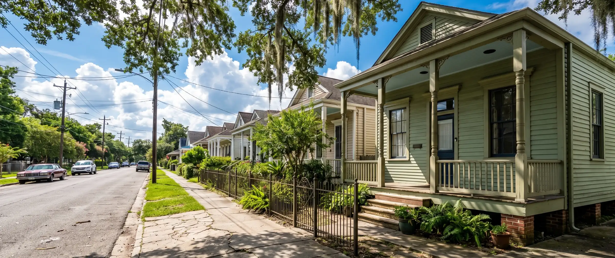Row of raised shotgun houses with brick pier foundations on a sunny New Orleans residential street with Spanish moss, live oaks, and cracked sidewalk