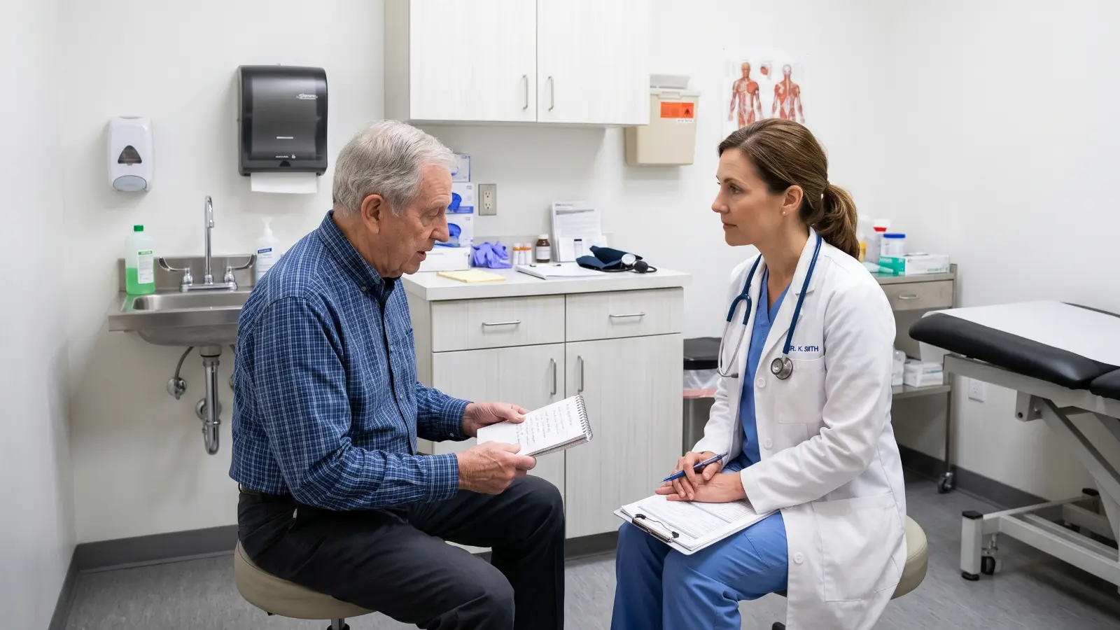 Patient referencing symptom notes while consulting with a doctor in a medical examination room