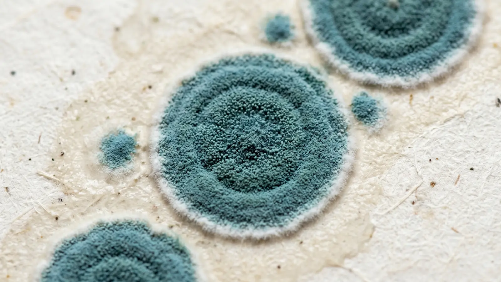 Close-up of blue-green Penicillium mold colonies on damp paper, showing circular powdery patches with white fringe edges